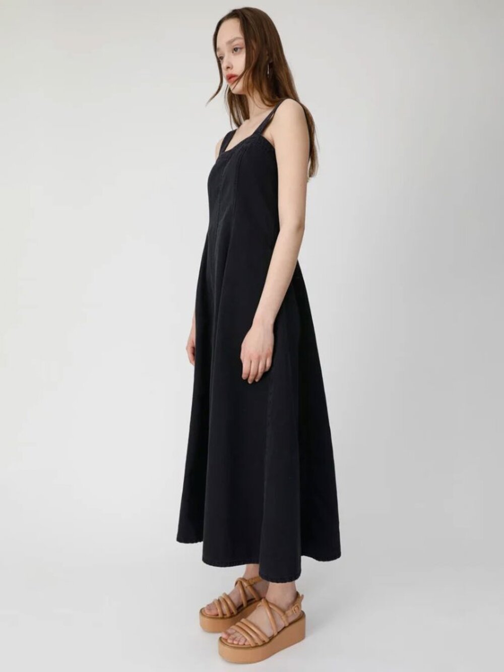 Moussy Denim Maxi Dress Square Neck A-Line Sleeveless Black Size 1 / XS